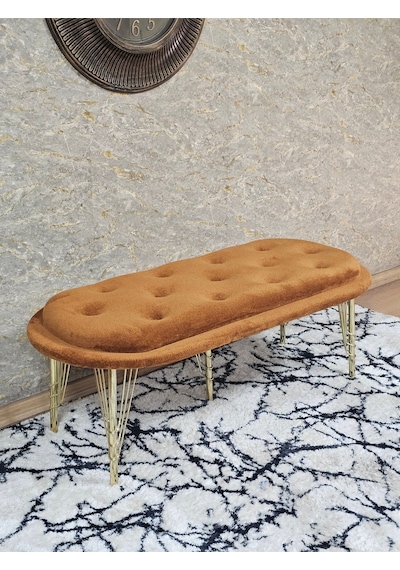 Zafir Ufo Oturak Bench - Gold Kaplama Telli Ayak - Oturak - Bench - Puf - Yatak Ucu Pufu Turuncu