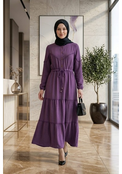 Hb Harma Time Butik Kadın Dantel Detaylı Beli Bağcıklı Ayrobin Mor Elbise