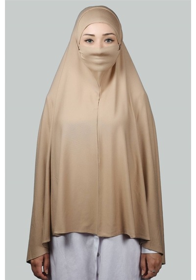 Altobeh Hazır Türban Peçeli Pratik Eşarp Tesettür Nikaplı Hijab - Namaz Örtüsü Sufle (5XL) - Koyu Bej