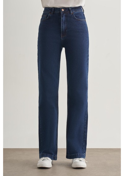 Koyu Rins Mizalle Geniş Paça Yüksek Bel Koyu Mavi Denim Pantolon Mavi