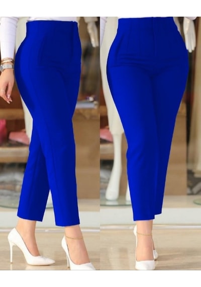 Efnaz Style Kadın Çima Detay Ithal Krep Pantolon Saks Mavi