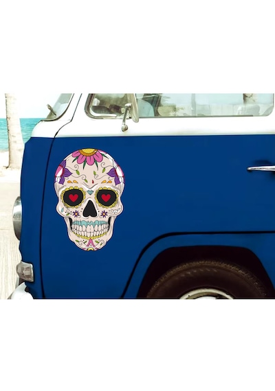 Çiçek Desenli Kurukafa Sticker - Araba Oto Motosiklet Karavan Cam Sticker - 00076 30x21 Cm
