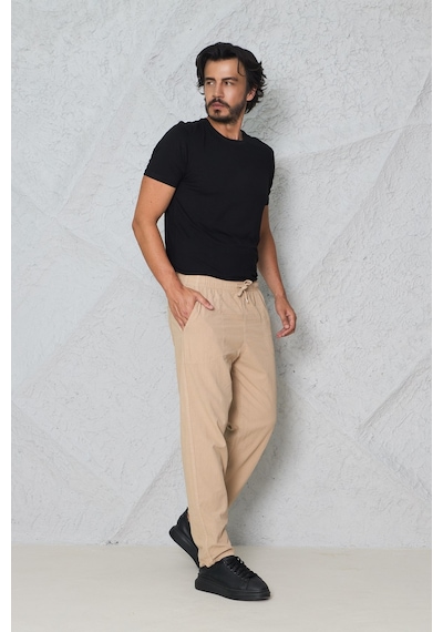 Blayn Jeans Erkek Haki Jogger Pantolon Beli Lastikli Bağcıklı %100 Pamuk Keten Baggy Rahat Günlük Pantolon Bej