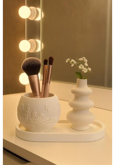 Dalgalı Vazo & Desenli Dekoratif 3 Lü Set - Beyaz