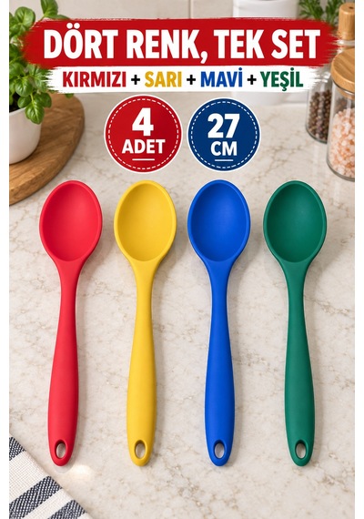 4'lü Set Kırmızı Sarı Mavi Yeşil, Büyük Boy Silikon Kaşık Seti 27 Cm, Yemek Pişirme Ve Servis Kaşığı