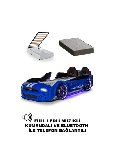 Mavi Bazalı Arabalı Yatak Kapıları Açılan Mustang Full Ledli Kumandalı Ve Müzikli + Ortopedik Yatak Mavi Bazalı Arabalı Yatak Kapıları Açılan Mustang Full Ledli Kumandalı Ve Müzikli + Ortopedik Yatak