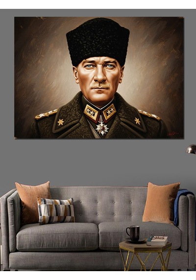 Yağlı Boya Kalpak Başlıklı Atatürk Portresi Dekoratif Kanvas - Mdf Ahşap Tablo