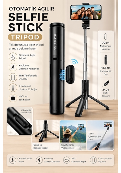 İphone 12 Pro Max Uyumlu Bluetooth Uzaktan Kumandalı Katlanabilir Tripod