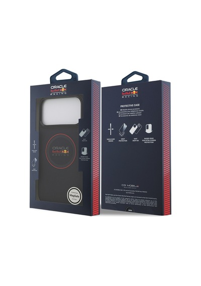 Apple Uyumlu iPhone 17 Pro Max Kılıf Redbull Lisanslı M-safeli Kırmızı Halka Ve Logo Kabartma Pu Deri Kapak Siyah Siyah