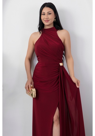 Kalopya Halter Yaka Drapeli Tokalı Abiye Elbise Ecr5862 Bordo