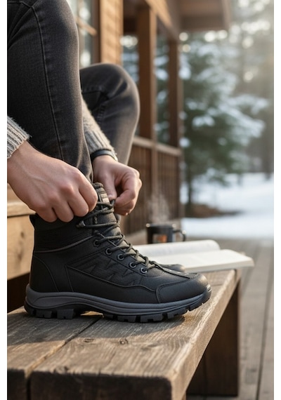 Enoch Erkek Siyah Kürklü İçi Yünlü Su Geçirmez Outdoor Trekking Ve Kışlık Bot Siyah