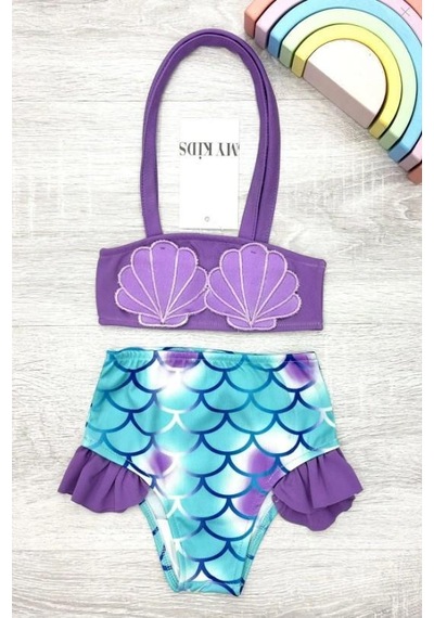 Kız Çocuk Deniz Kabuğu Desenli Bikini Takımı 2802-f Mor