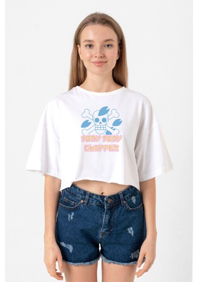 One Piece Anime Tony Tony Chopper Jolly Roger Beyaz Kadın Crop Tshirt Beyaz