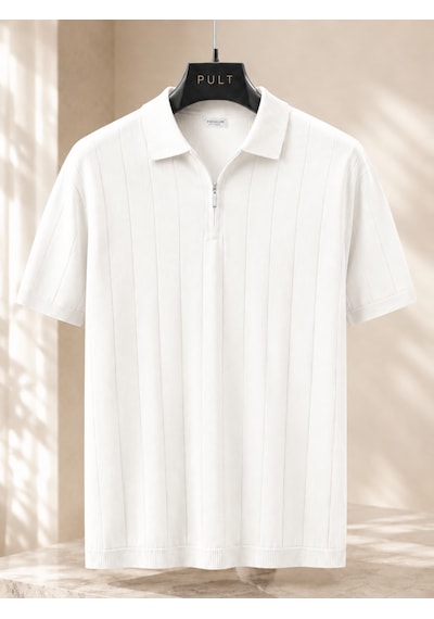 İxir Yarım Fermuarlı Regular Kalıp Polo Yaka Triko T-shirt Beyaz - Beyaz