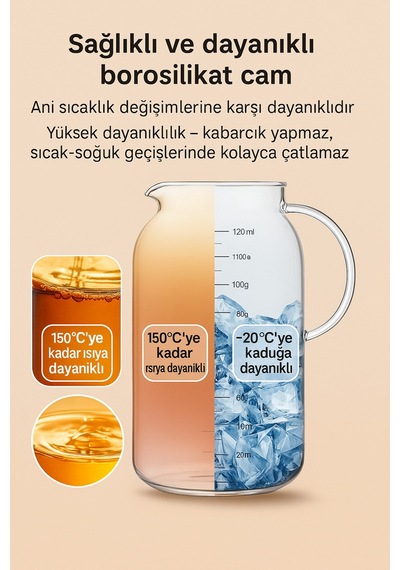 Leylart 2.5 Litre Borosilikat Cam Sürahi