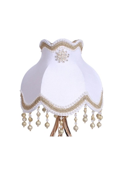 Beyaz Lulu Broşlu Kadife Başlık Gold Metal Burgulu Ayaklı Klasik Model Abajur 55x25cm
