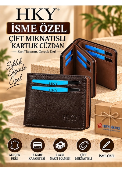 Hky İsme Özel Hakiki Deri Çift Mıknatıslı Erkek Cüzdan Kartlık Kahve - Taba