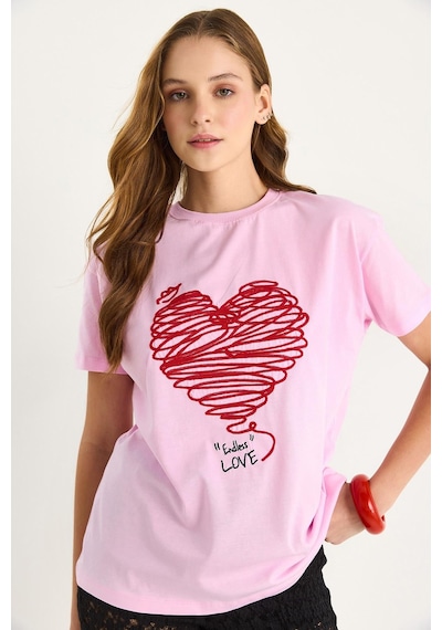 Shade Kadın Pamuklu Kısa Kollu Bisiklet Yaka Kalp Nakışlı T-shirt 60602028 - Pembe