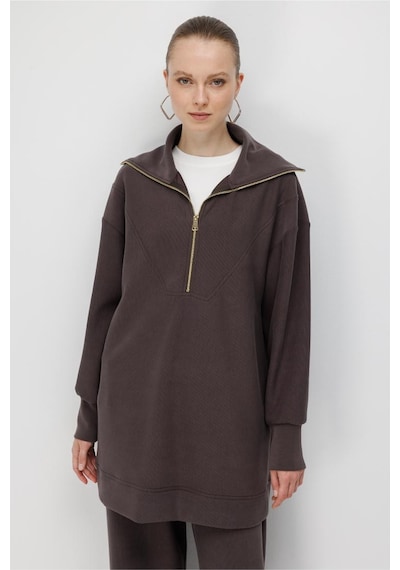 Mizalle Fermuar Detaylı Modal Örme Kahve Tunik Kahverengi