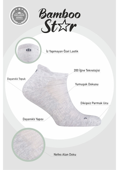 Bamboo Star Erkek Havlu Kışlık Patik Çorap, Spor, Antibakteriyel , Esnek, Dikişsiz Açık Gri 6lı Premium Çorap