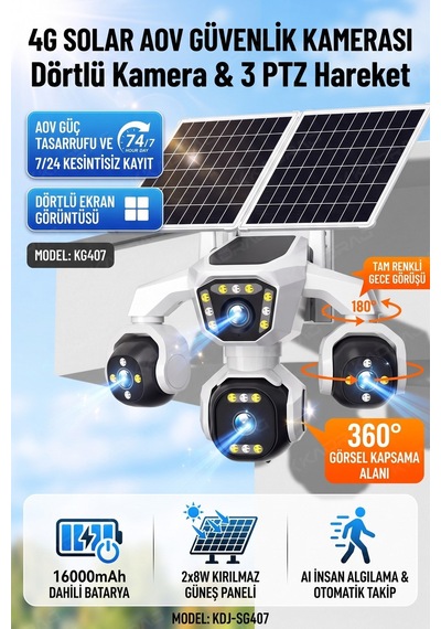 4 Kameralı - 2 Solar Panelli + Yeni Nesil + E- Sim Destekli + 20mp Güvenlik Kamerası Yapay Zeka Tek