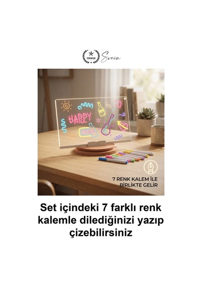 Ledyazıpanosu Dıy Işıklı Not Tahtası Gece Lambası Akrilik Masaüstü Mesaj Levhası 7 Renk Kalem 6 Çiz Standart