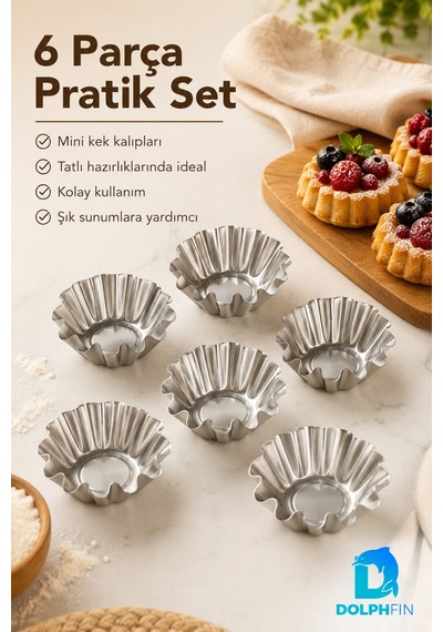 6 Lı Çelik Mini Kek Ve Tart Kalıbı Çok Amaçlı Pişirme Seti Metalik