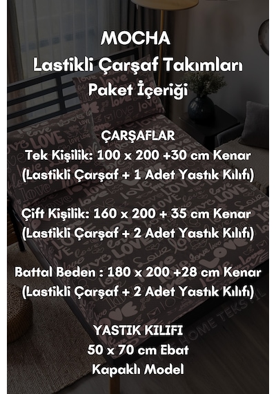 Mocha Love Desenli Pamuklu Kumaş Lastikli Çarşaf Takımı Mürdüm