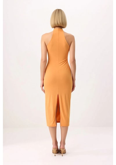 Benerly Kadın Bodycon Halter Yaka Kolsuz Midi Esnek Örme Elbise Aksesuar Turuncu