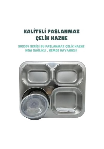 Bento 1200ml Lunchbox Tek Katlı 4 Bölmeli Ve Kaseli Çelik Sefer Tası Yemek Kutusu Siyah Bakır