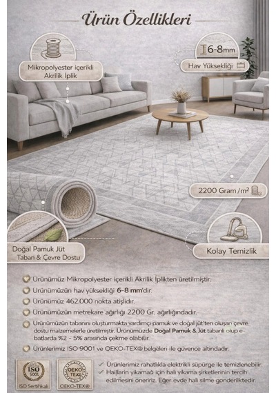 Premium Modern Mikropolyester Akrilik Halı - Pamuk Jüt Tabanlı - Gri