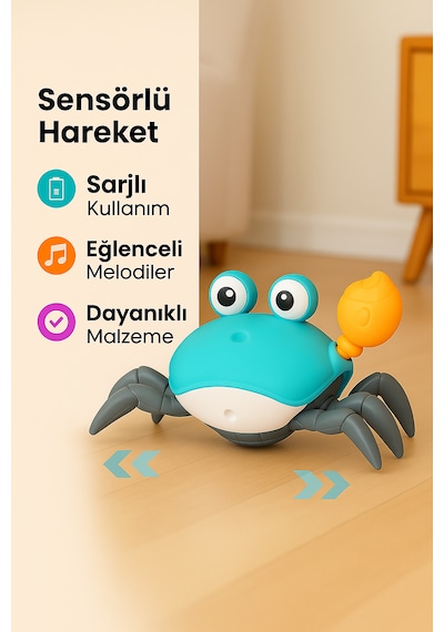 Hareketli Çılgın Yengeç Oyuncak Pilli Sesli Işıklı Emekleme Eğitici Bebek Oyuncağı