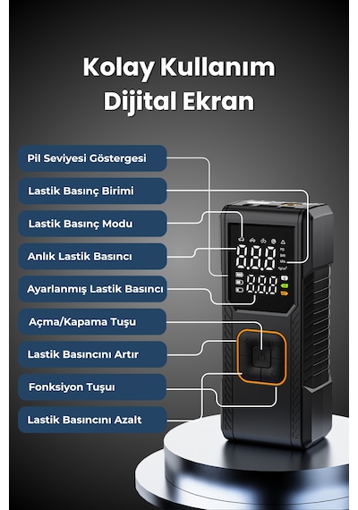 Dijital Göstergeli Led Işıklı Taşınabilir 4500mah Araç Lastik Şişirme Hava Kompresörü Siyah