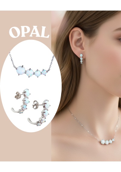 Luna Luster 925 Ayar Gümüş Beyaz Opal Doğal Taşlı Kolye Küpe Kadın Set Sevgililer Günü Hediye Beyaz