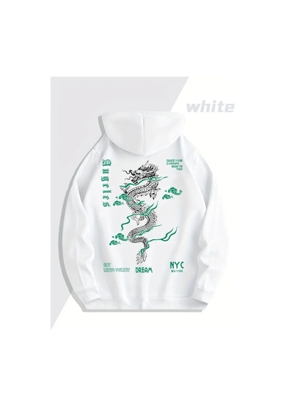 Nevermind Sevgili Çift Kombin Ejderha Desenli Baskılı Renk Kapüşonlu Sweats Beyaz