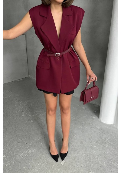 Neşeli Butik Kadın Salaş Kemerli Kolsuz Blazer Ceket Nbg076 Bordo