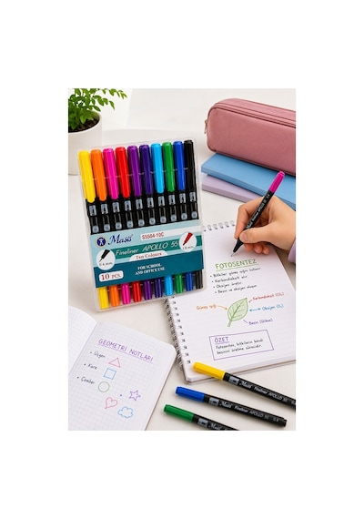 Fineliner 10 Lu Çift Taraflı İnce Uçlu Kalem 1 Paket Masis 10 Renk 04-1.0 Mm Keçe Uçlu Kalem Renkli İşaretleme Yazı