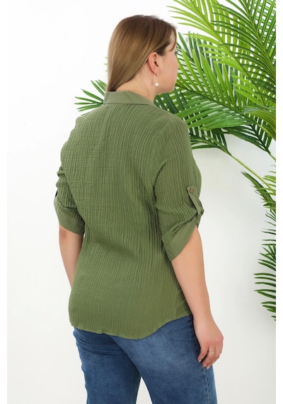 Lady Majestic %100 Cotton Büyük Beden Kadın Müslin Kumaş Gömlek Haki