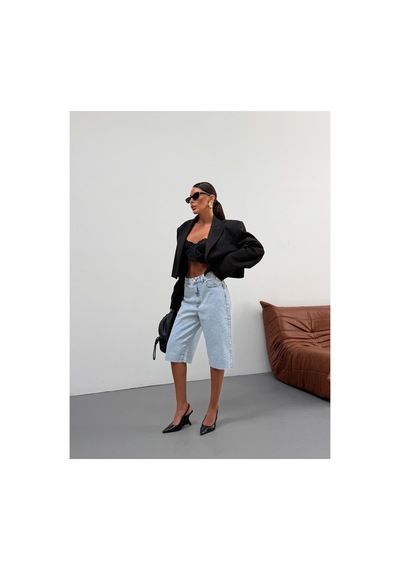 Kene Jeans Buz Kar Paça Kesik Uzun Kot/denim Şort Mavi