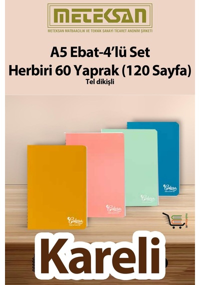 60 Yaprak 120 Sayfa Okul Defteri - Not Defteri 4'lü Set A5 Ebat Tel Dikişli Karton Kapak Çok Renkli