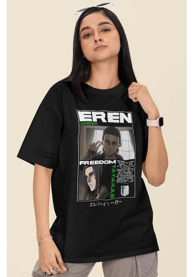 Tasarım Eren Yeager Freedom Tatakae Baskılı Unisex Oversize Anime Siyah