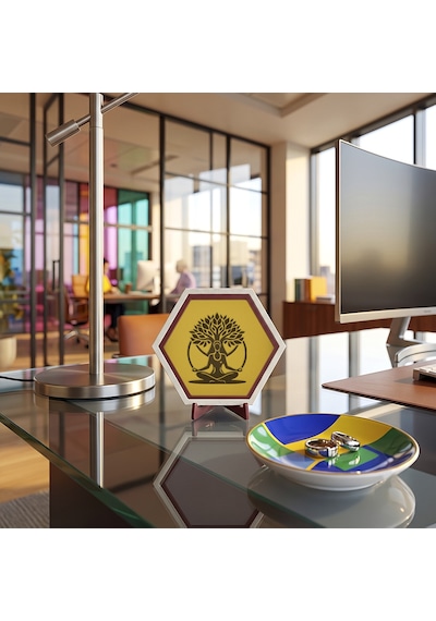 Modern Çizgilerle Tasarlanan Hayat Ağacı Ve Meditasyon Temalı Masaüstü Dekoratif Obje Şık Ve Estetik 10x10 Cm, Sarı