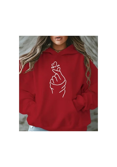 Herkesemoda Little Heart Baskı Detaylı Kapüşonlu Sweatshırt Kırmızı