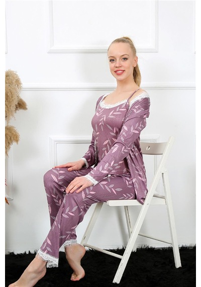 İbrahim Burak Etiler Collection Moda Çizgi Kadın 3'lü Lila Sabahlık Pijama Takım 16103