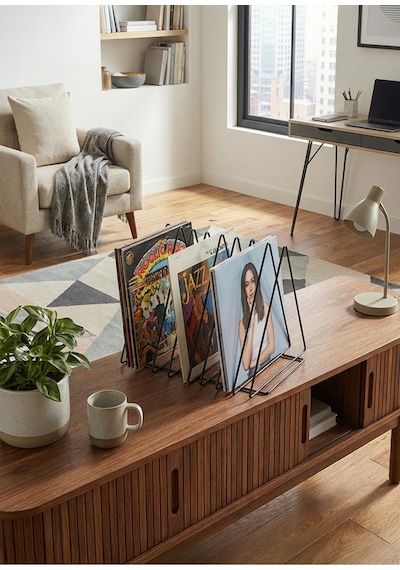 Uykula Üçgen Dekoratif Metal Dergilik Kitaplık Ve Plaklık Standı - Masaüstü Siyah Organizer 28x21x23 Cm