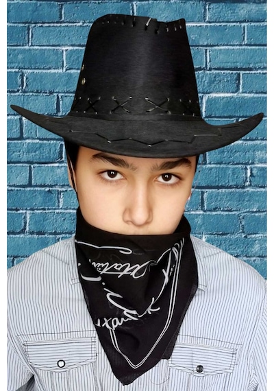 Uniquetrenders Çocuk Unisex Bandanalı Nubuk Kovboy Şapkası 8-14 Yaş Siyah 6