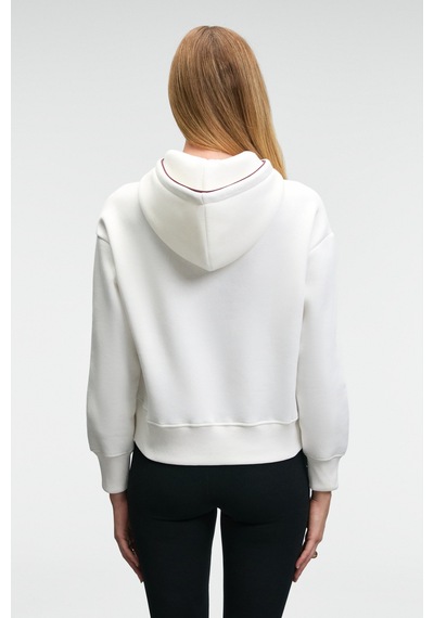 Grimelange VIRETHIA Kadın Ara Biyeli Baskı Ve Nakış Detaylı Kapüşonlu Relaxed Beyaz Sweatshirt
