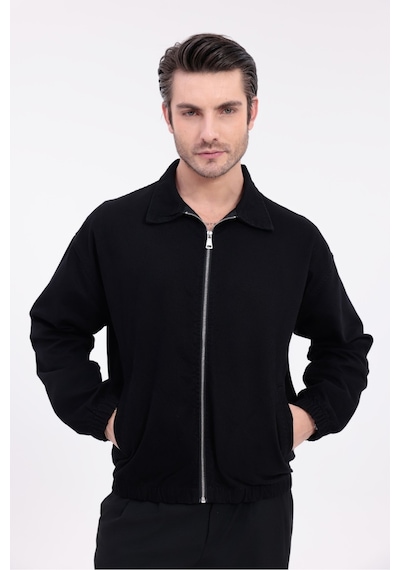 Mero Life Erkek Basic Old Money Fermuarlı Oversize Mevsimlik Polo Yaka Gabardin Kumaş Siyah Ceket