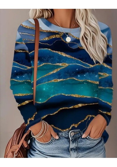 Moderie Butik Kadın Uzun Kollu Bisiklet Yaka Desenli Modal Bluz Mavi