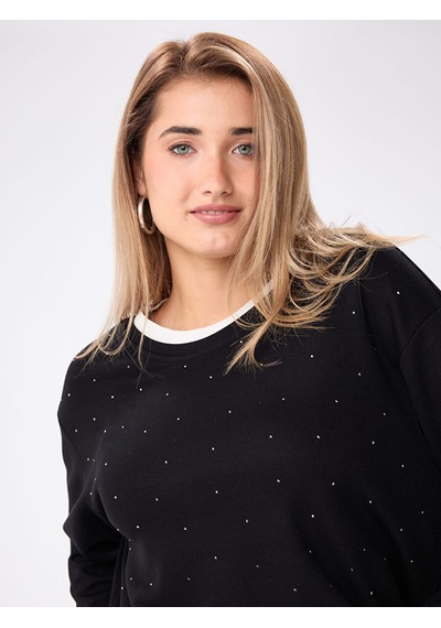 Faik Sönmez Triko Bant Detaylı Taşlı Sweatshırt W27swt010 Uw27swt01010 Siyah